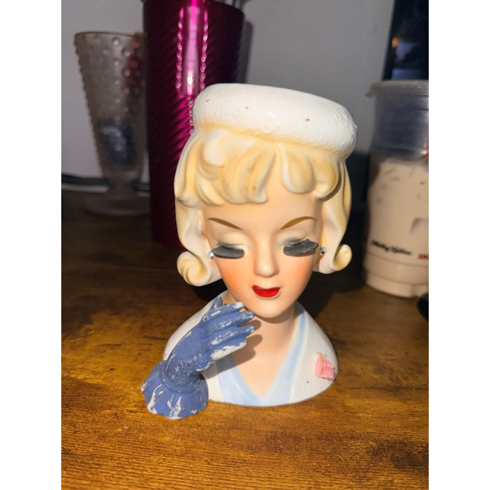 Vintage head planter Ucagco lady head vase, Japan blue glove